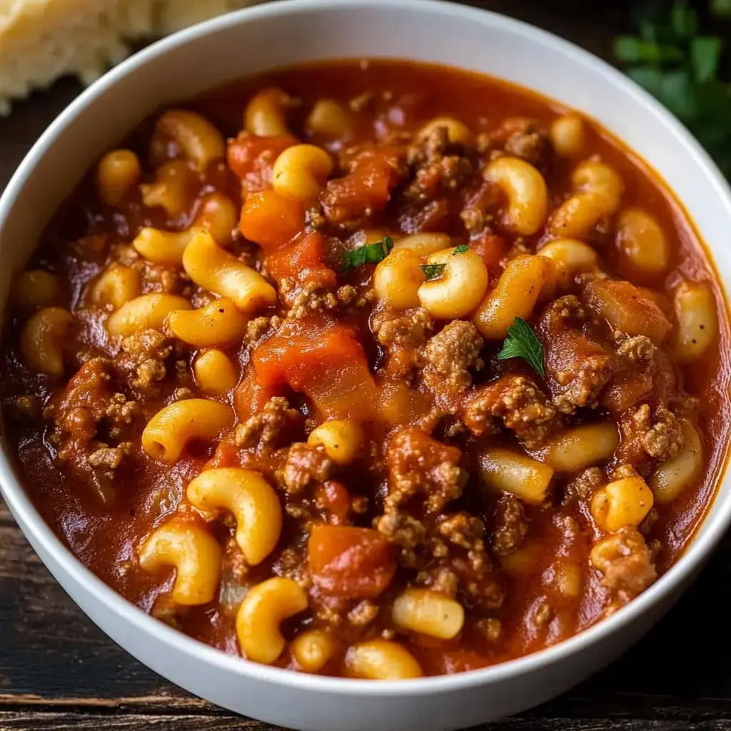 A bowl of macaroni and cheese with ground beef and tomatoes in a rich tomato sauce, garnished with a sprig of parsley.