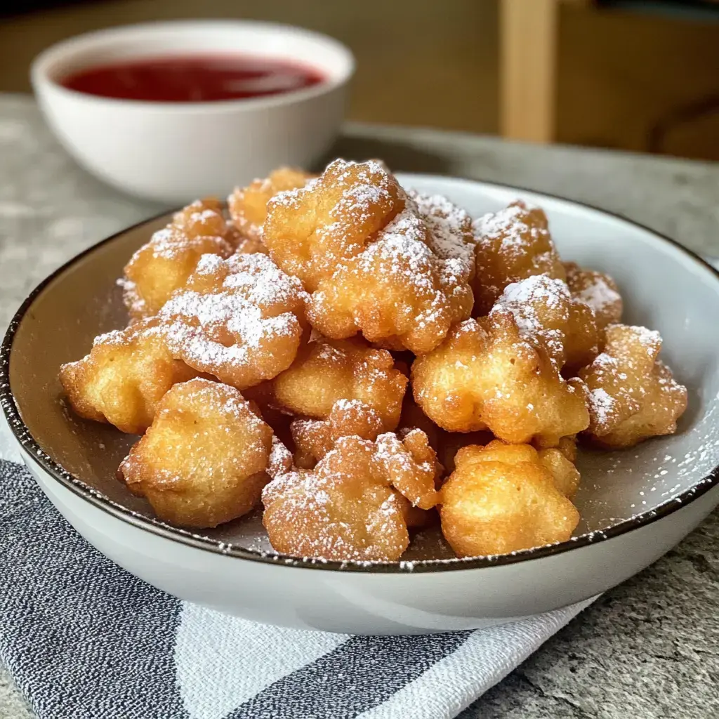 A plate of golden, powdered sugar-dusted fried pastries is displayed beside a bowl of dipping sauce.