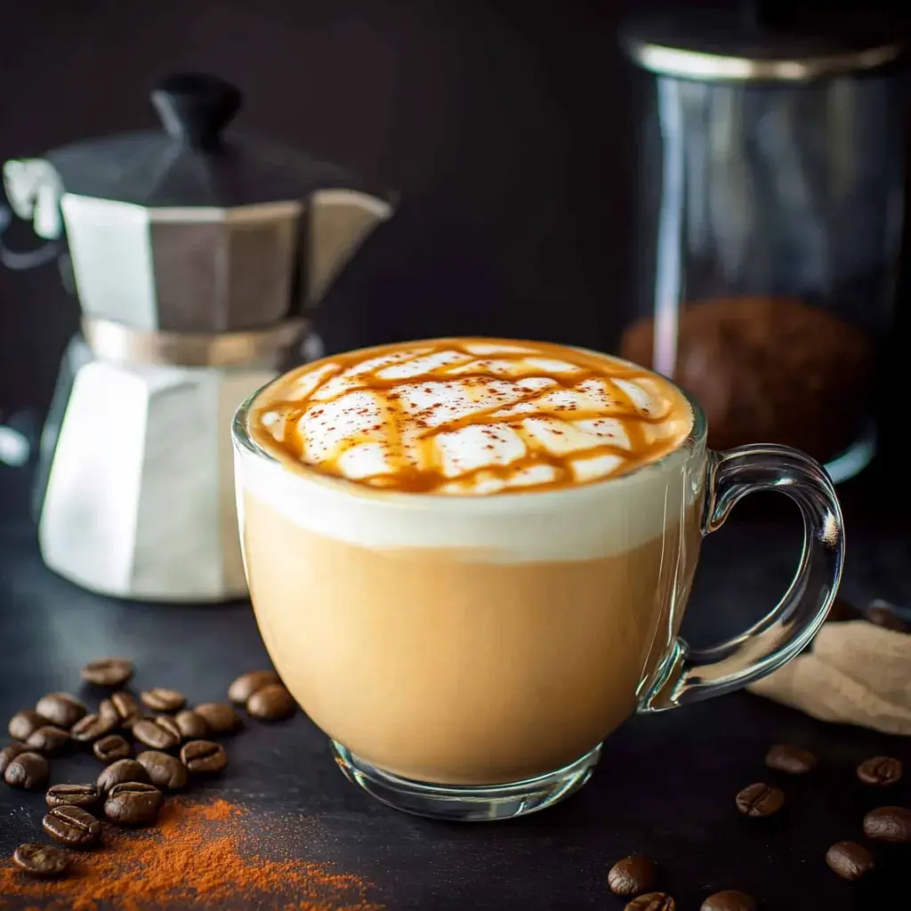 A glass cup of coffee topped with whipped cream and caramel drizzle, surrounded by coffee beans and a stovetop espresso maker.