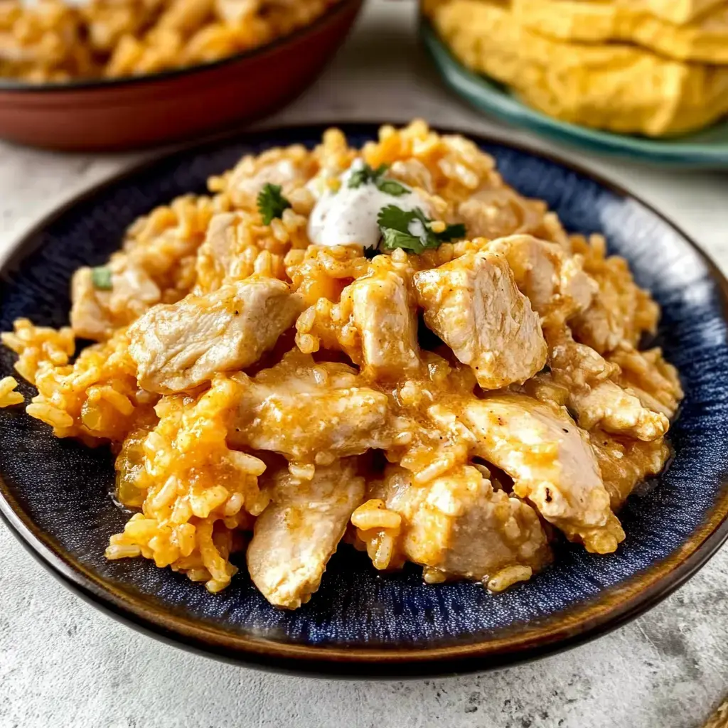 A served plate of creamy chicken and rice, garnished with cilantro and a dollop of sauce, with a blurred background of more food items.