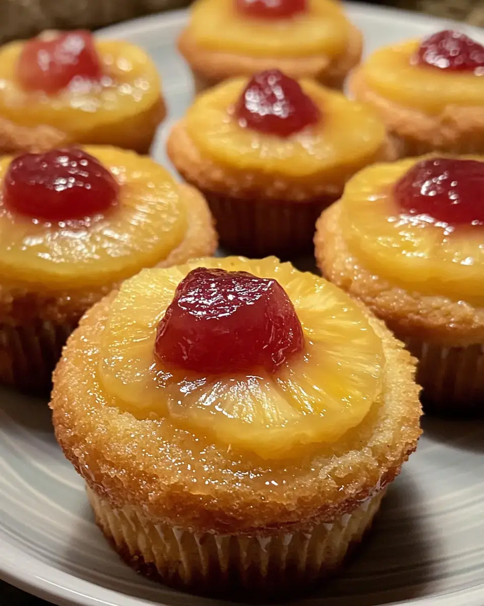 A plate of cupcakes topped with pineapple slices and maraschino cherries.