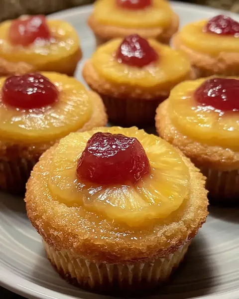 A plate of cupcakes topped with pineapple slices and maraschino cherries.