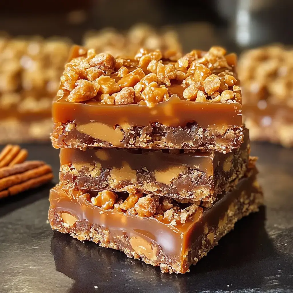 A stack of three crunchy caramel and chocolate bars topped with crushed pretzels, set against a blurred background of similar treats.