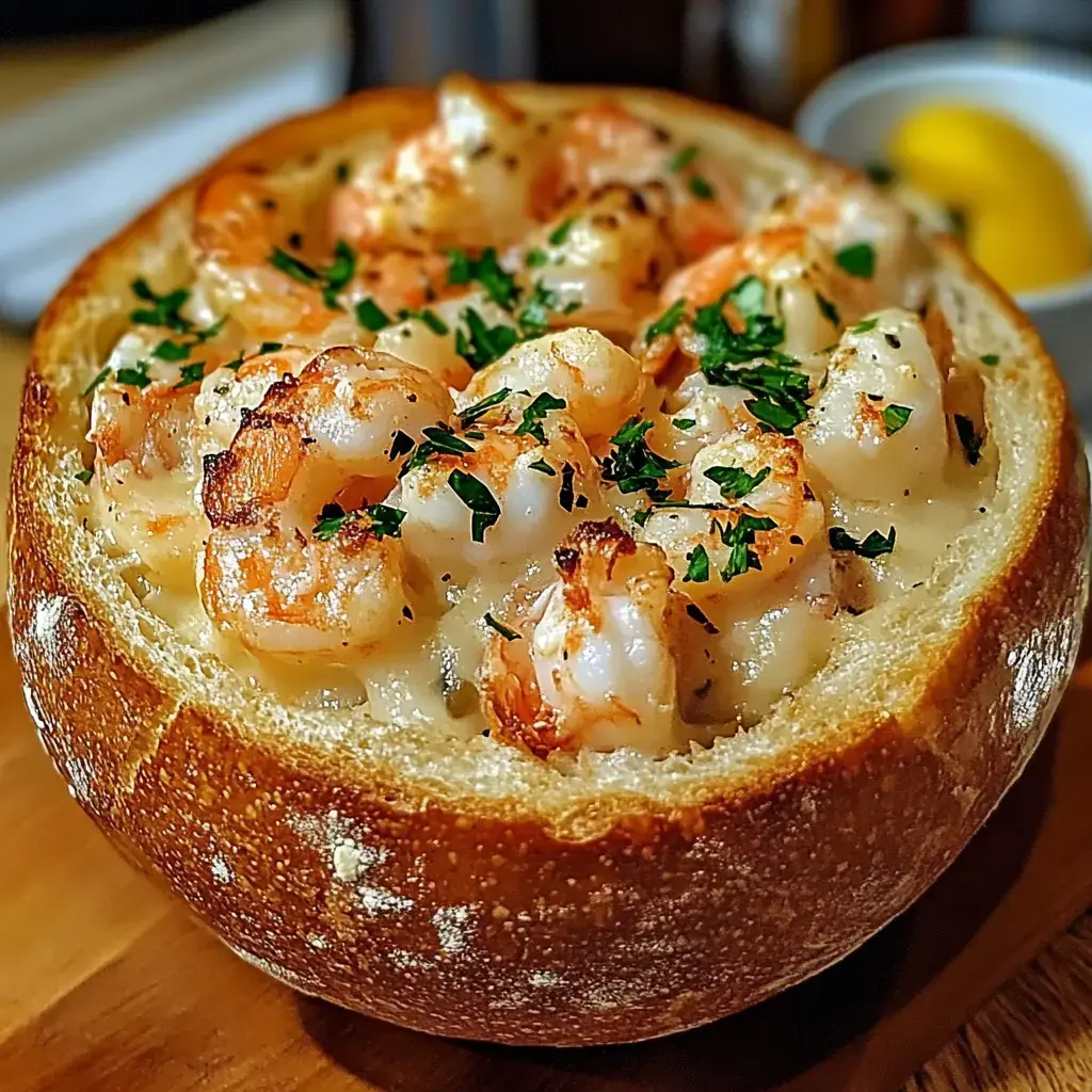 A bowl made of bread filled with creamy shrimp and garnished with parsley.