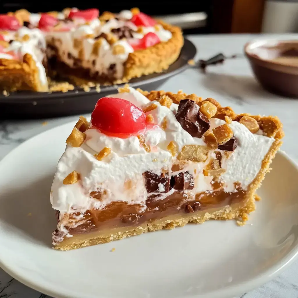 A slice of layered dessert pie featuring a graham cracker crust, chocolate filling, whipped cream topping, and garnished with cherries and chocolate pieces.