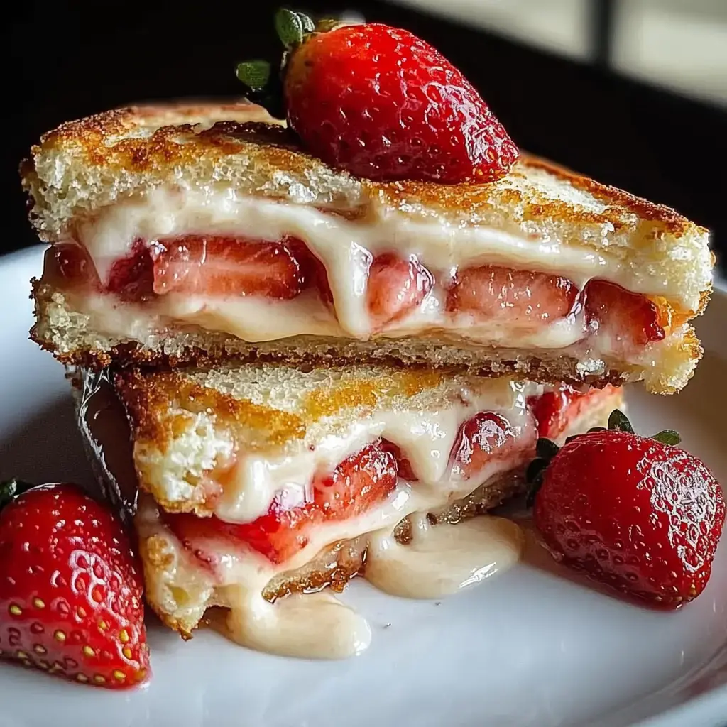 A grilled sandwich filled with melted cheese and fresh strawberries, garnished with whole strawberries on the side.