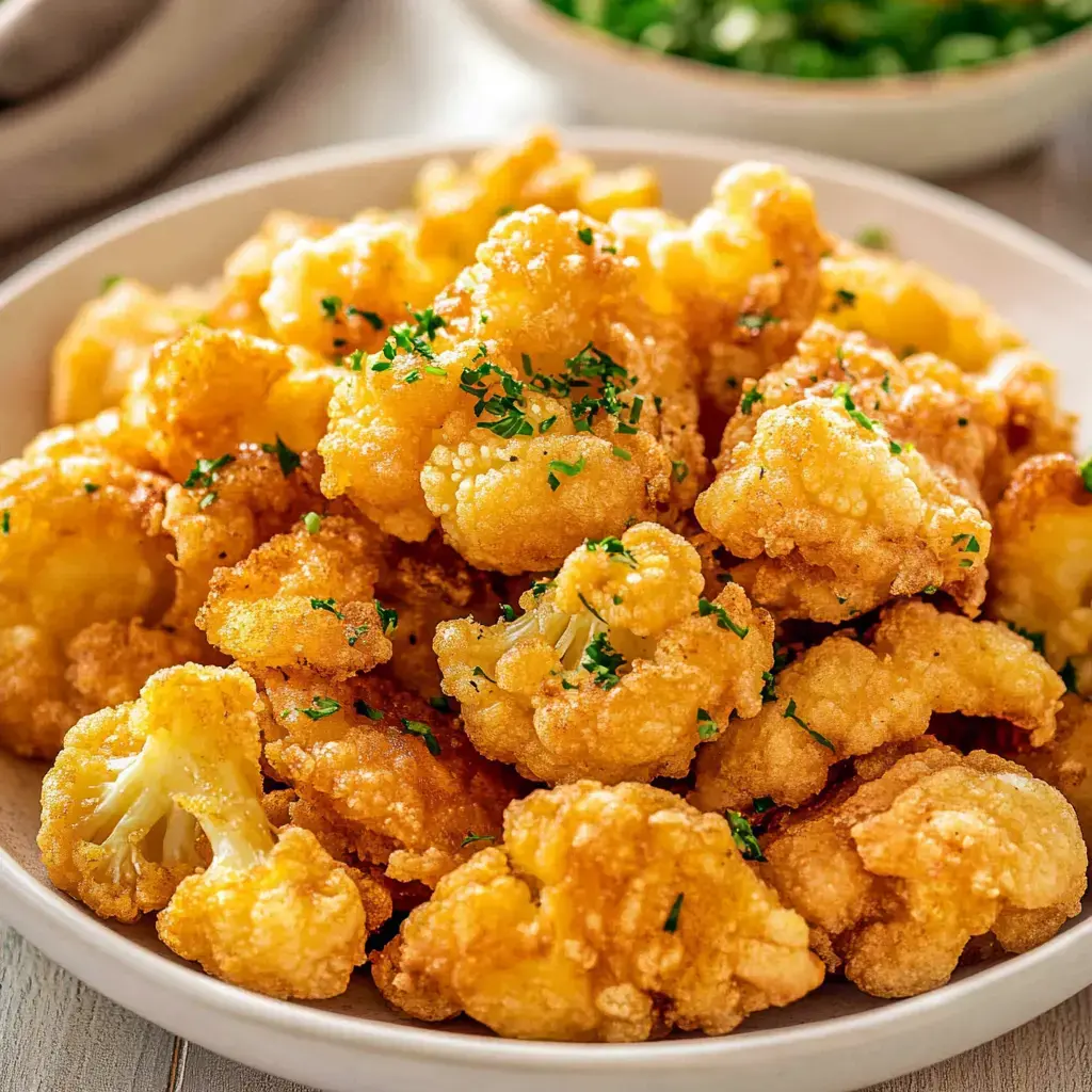 A close-up of a plate filled with golden, crispy fried cauliflower garnished with chopped parsley.