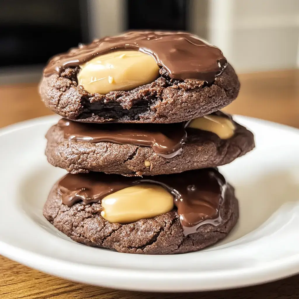 A stack of three chocolate cookies topped with melted chocolate and a dollop of creamy peanut butter, placed on a white plate.