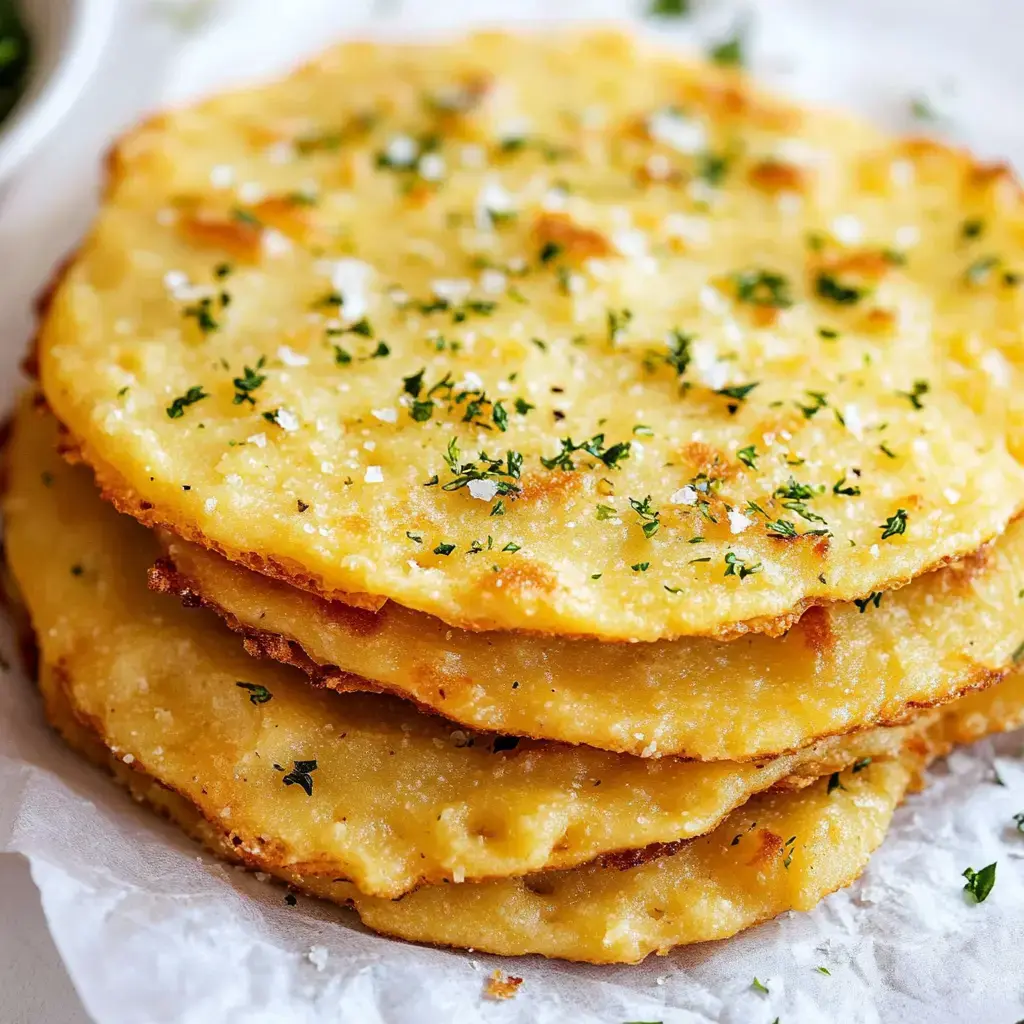 A stack of golden, crispy flatbreads garnished with herbs and salt rests on a piece of parchment paper.