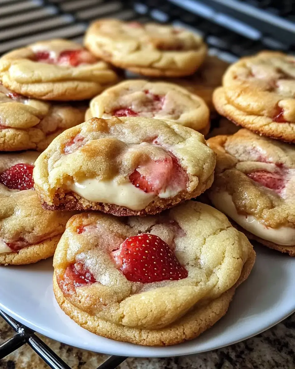 A plate of freshly baked cookies is topped with strawberries and creamy filling, showcasing a golden-brown color and a soft texture.