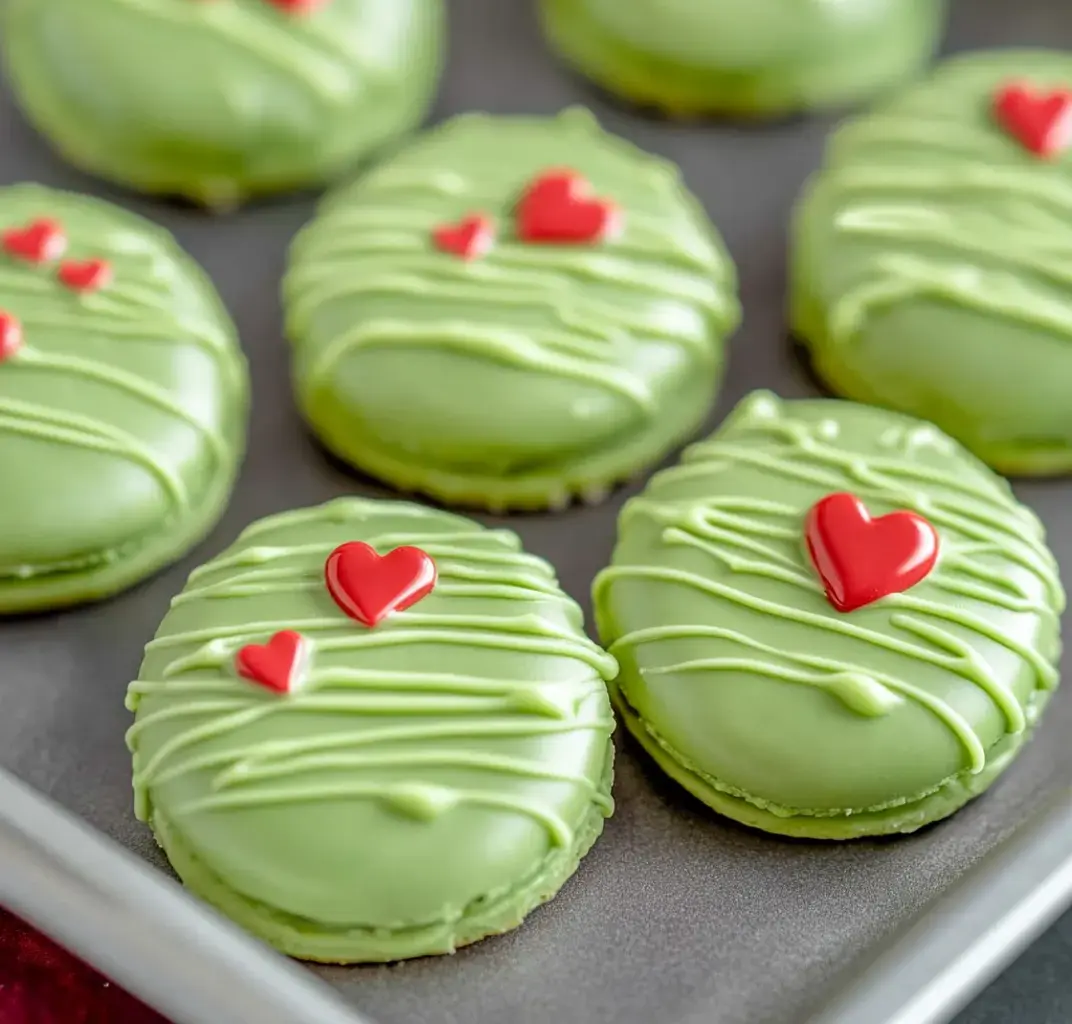 A tray of green macarons decorated with red heart-shaped candies and green drizzled icing.