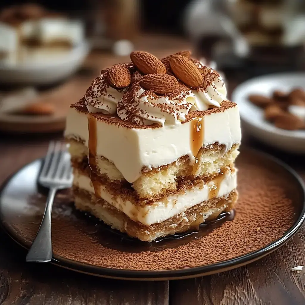 A decadent layered dessert topped with almonds, cream, and a drizzle of caramel, served on a dark plate.