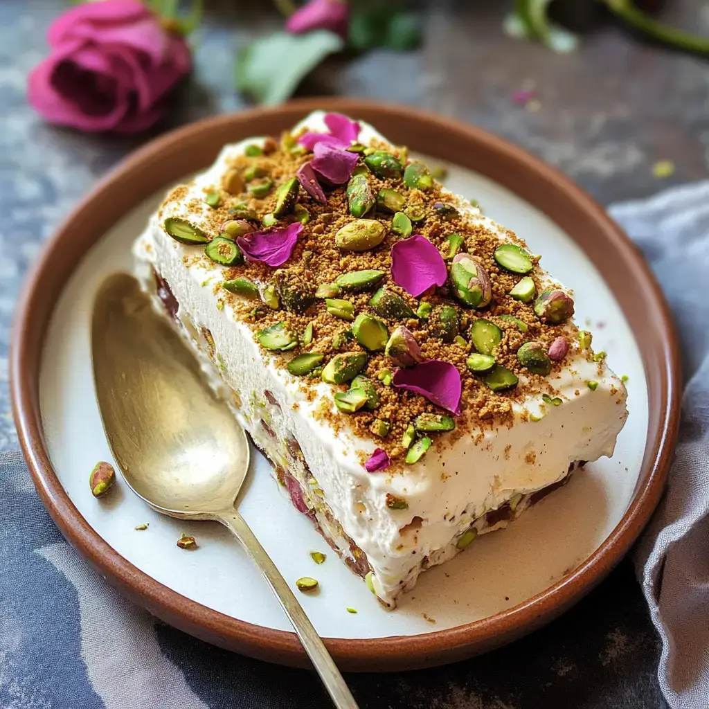 A slice of creamy dessert topped with crushed pistachios and rose petals, served on a plate with a silver spoon.