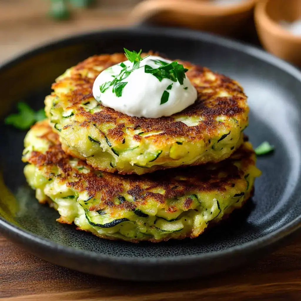 Two golden-brown zucchini fritters stacked on a black plate, topped with a dollop of sour cream and garnished with fresh parsley.