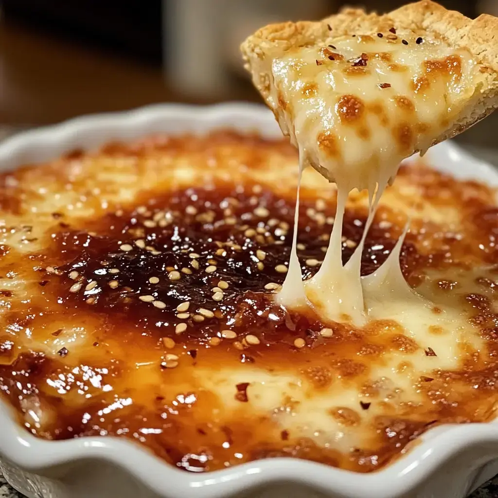 A slice of cheesy, golden-brown baked dish is being lifted, showcasing its gooey melted cheese and sesame topping.