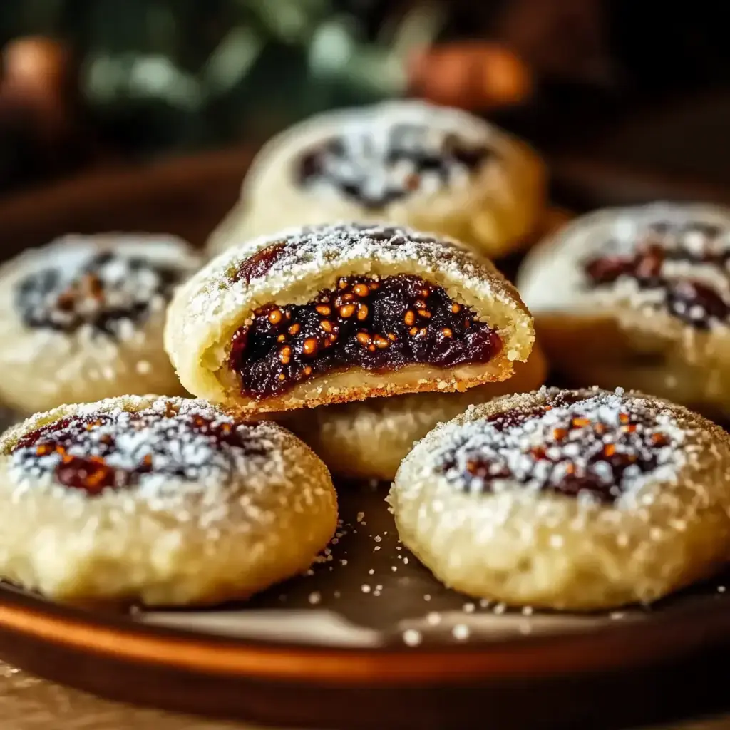 A plate of sweet pastries with a powdered sugar topping and a colorful filling, one cut in half to reveal its interior.