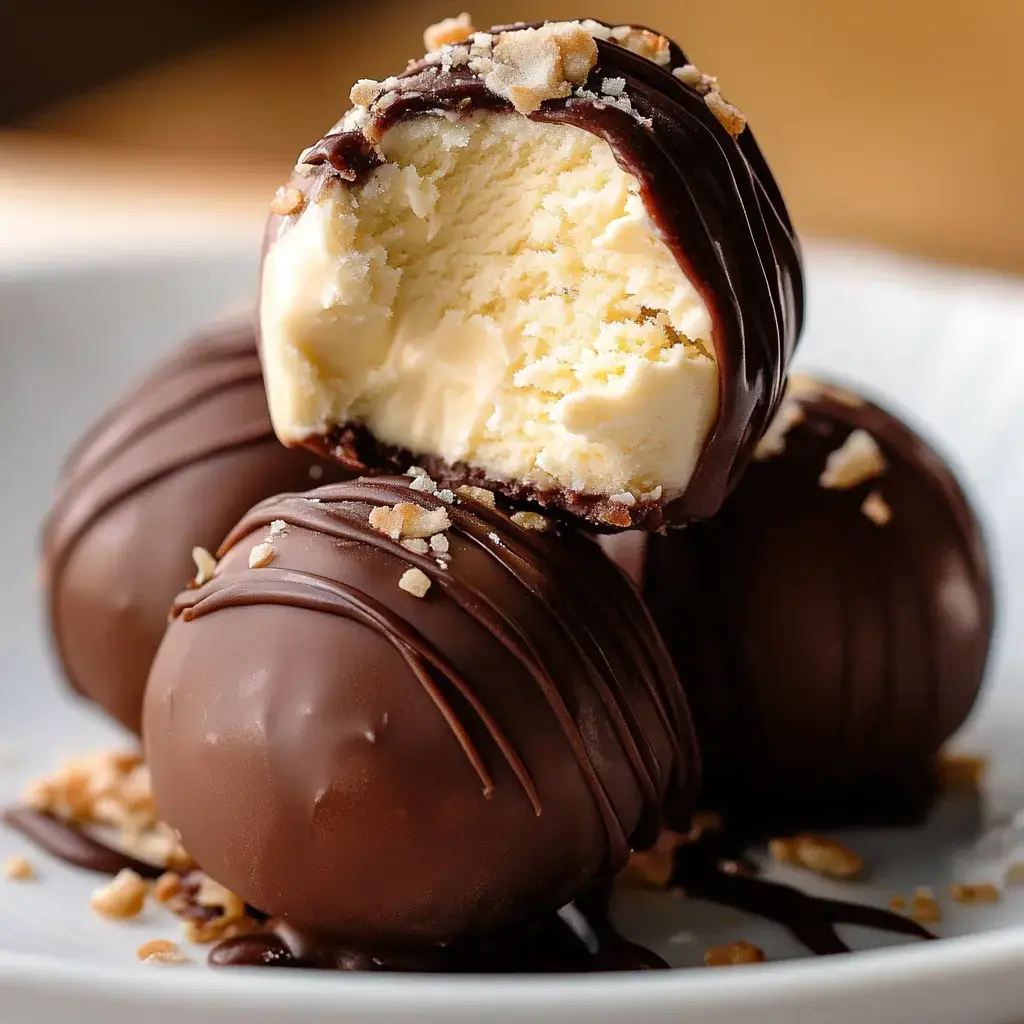 A close-up of chocolate-covered dessert balls, one partially bitten to reveal a creamy filling, garnished with crushed nuts.