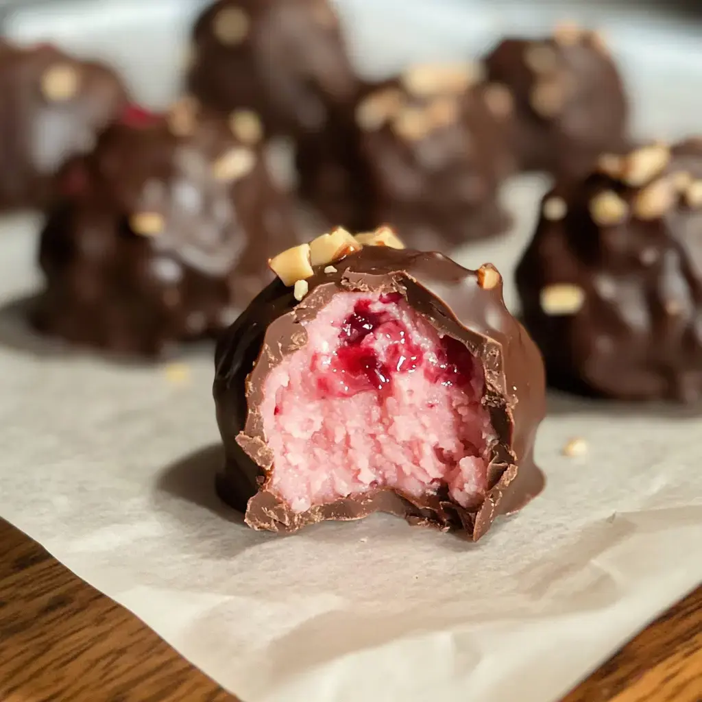 A close-up of a chocolate-covered confection with a bite taken out, revealing a pink cream filling with a layer of jam inside, surrounded by similar treats.