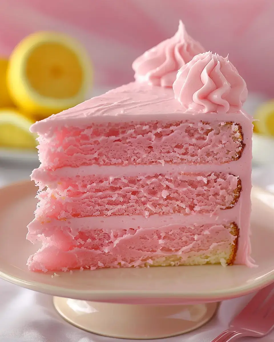 A slice of pink frosted cake with layered sponge and decorative frosting sits on a plate, accompanied by fresh lemons in the background.