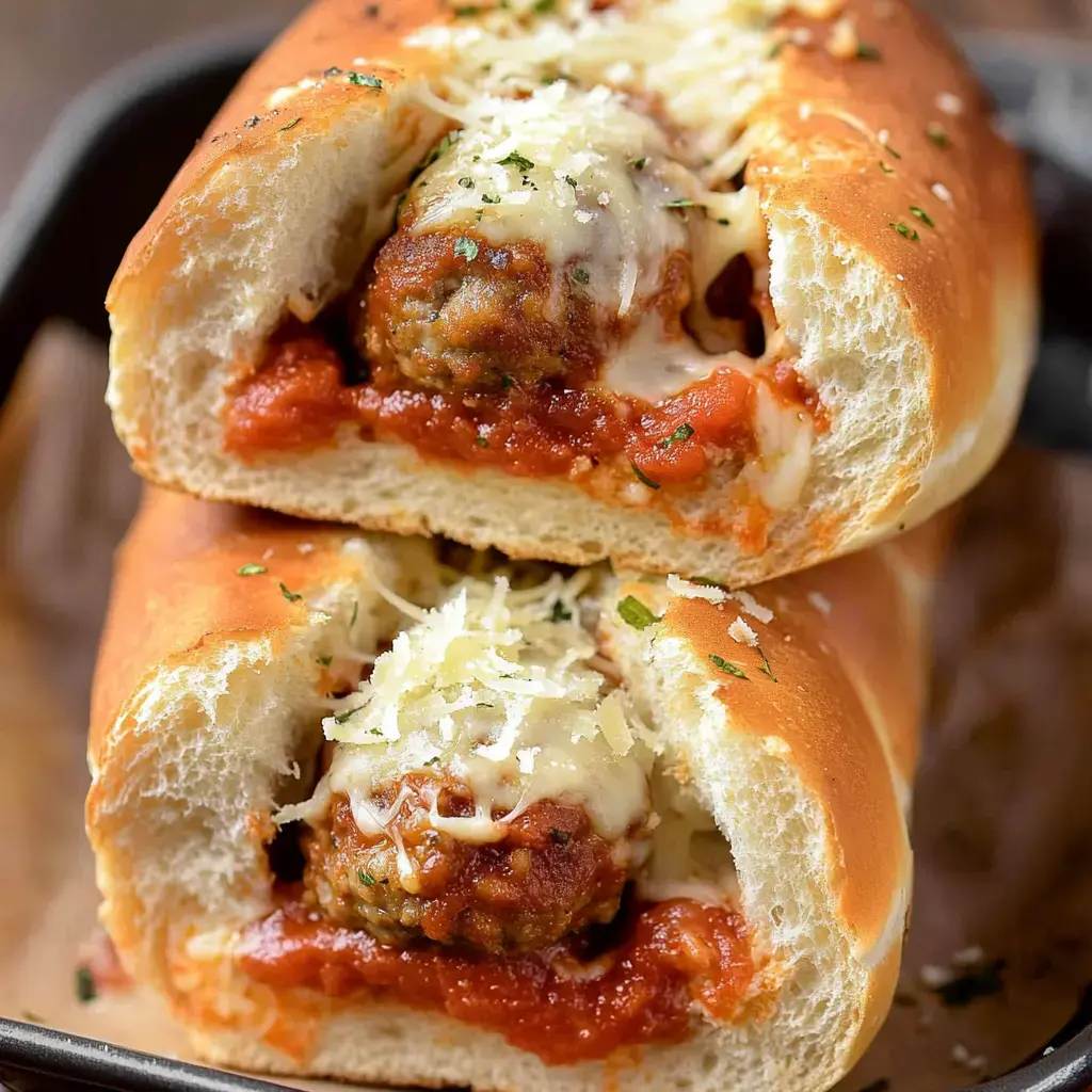 A close-up image of a sliced meatball sandwich topped with marinara sauce and melted cheese.