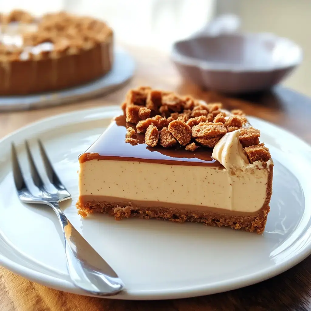 A slice of creamy, layered dessert topped with crushed cookies and caramel glaze, served on a white plate with a fork, against a blurred background of the whole cake.