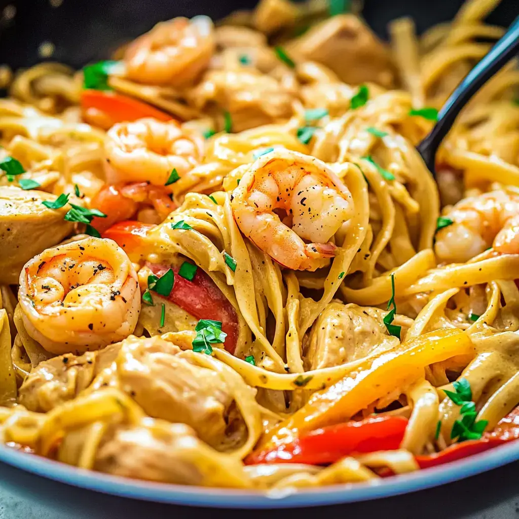 A close-up view of a creamy pasta dish featuring shrimp, chicken, and colorful bell peppers, garnished with fresh parsley.