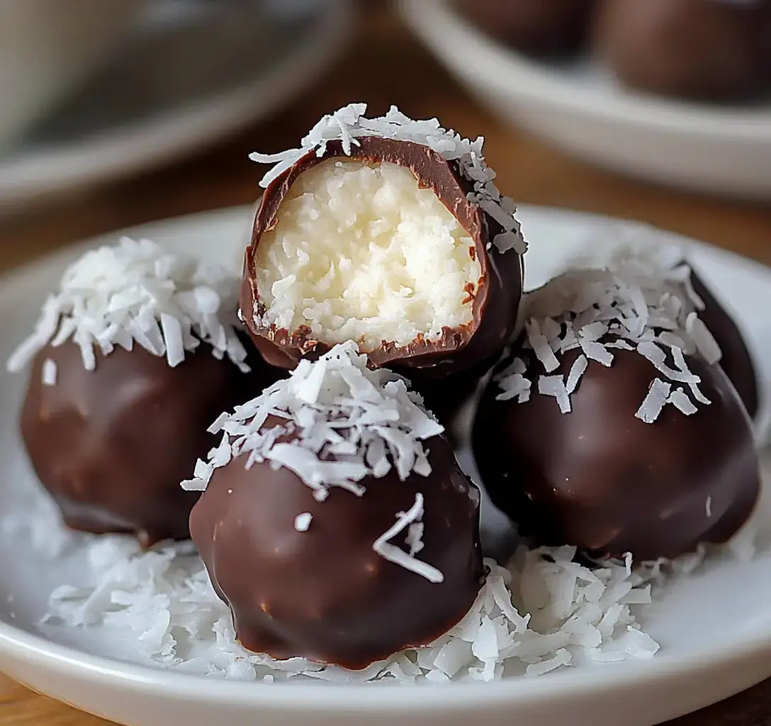 A plate of chocolate-coated coconut balls, one of which is cut in half to reveal its creamy filling, garnished with shredded coconut.