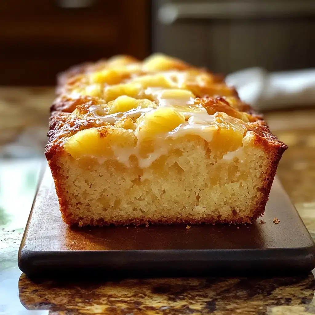 A freshly baked loaf cake topped with pineapple chunks and a sweet glaze sits on a wooden serving board.