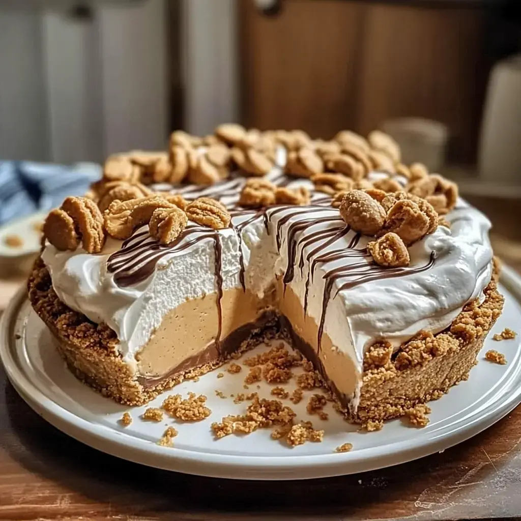 A creamy dessert pie with layers of chocolate and peanut butter filling, topped with whipped cream, chocolate drizzle, and cookie pieces.