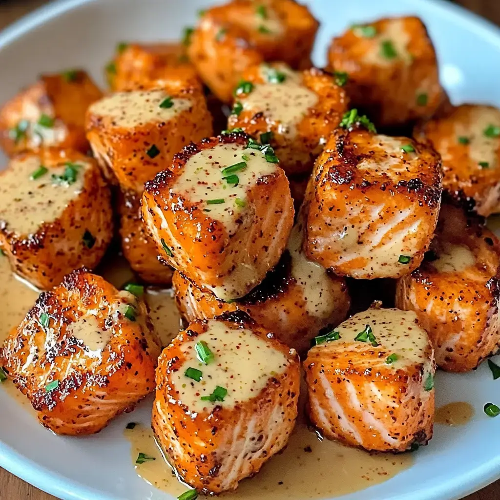 A plate of beautifully seared, cubed salmon pieces topped with a creamy sauce and sprinkled with chopped chives.