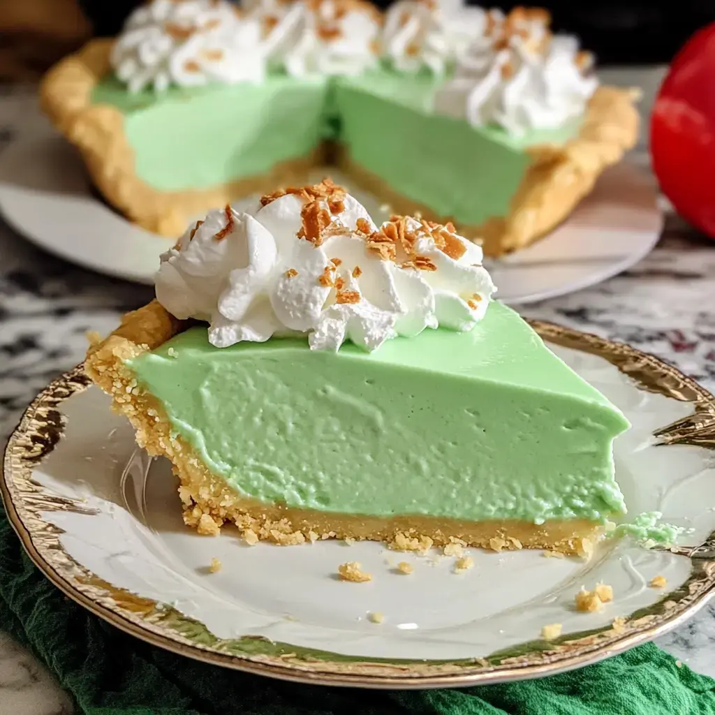 A slice of green pie with whipped cream and crushed nuts sits on a decorative plate, with the whole pie in the background.