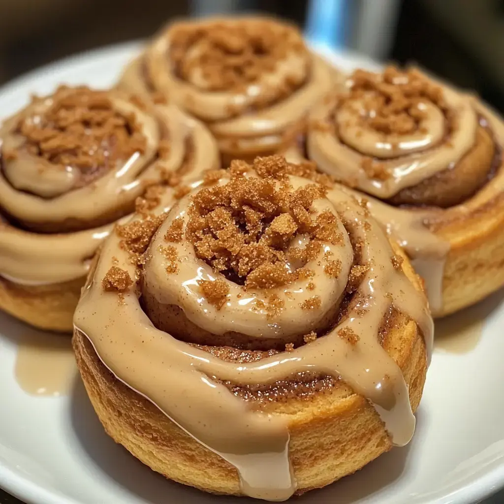 A plate of freshly baked cinnamon rolls topped with creamy icing and sprinkled with brown sugar.