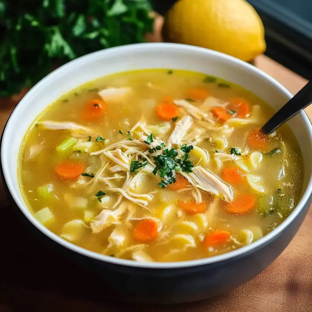 A bowl of hearty chicken soup with noodles, carrots, and herbs, alongside a lemon.