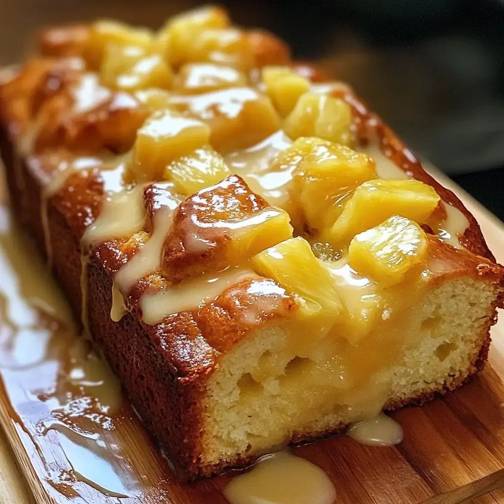 A loaf cake topped with caramelized pineapple chunks and drizzled with a creamy glaze.