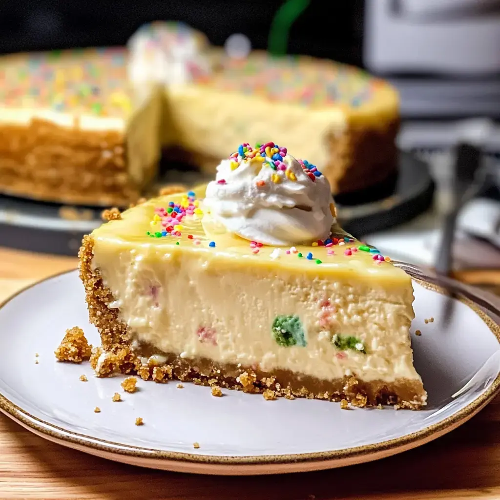 A slice of colorful funfetti cheesecake topped with whipped cream and rainbow sprinkles on a plate, with the whole cheesecake in the background.