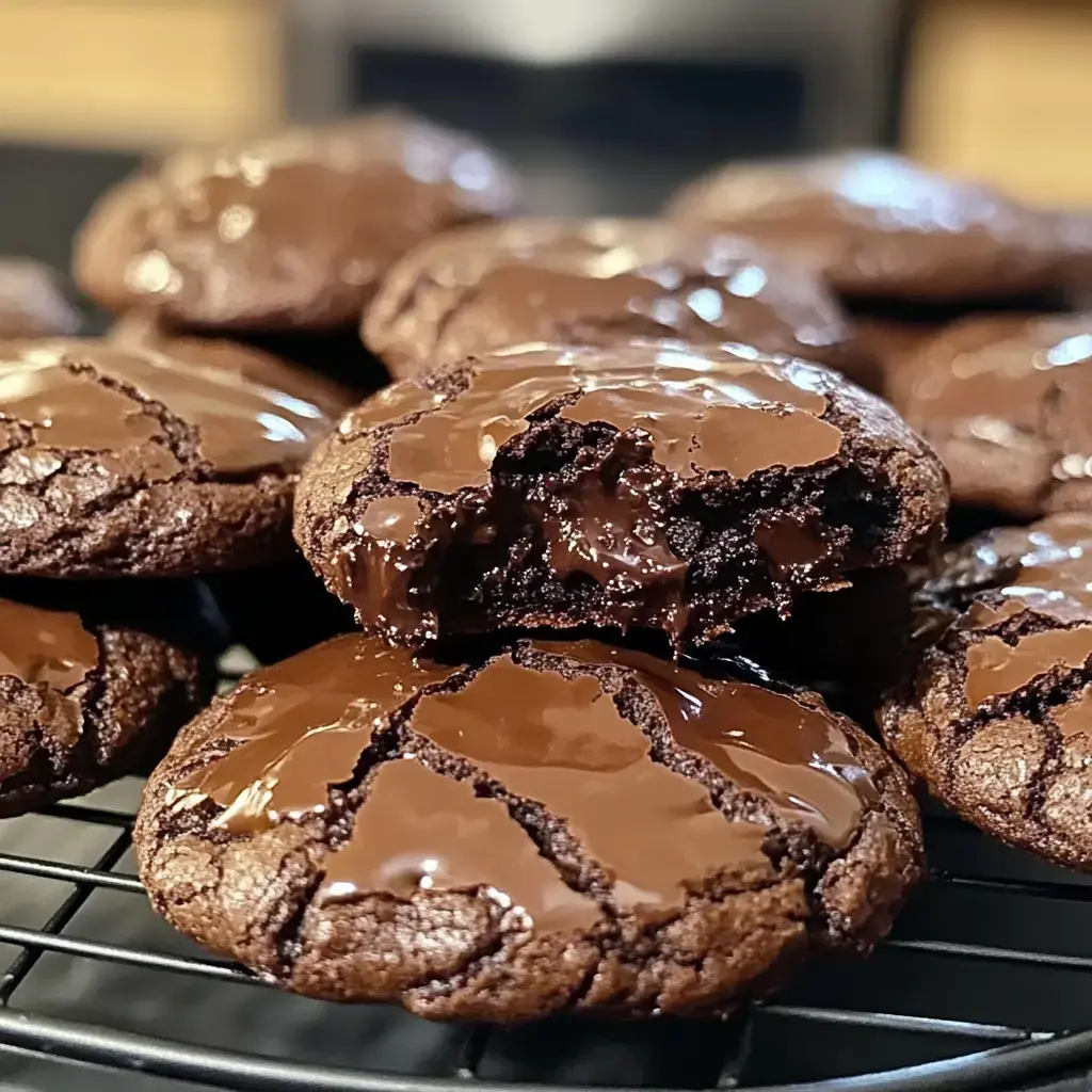 A close-up of freshly baked chocolate cookies, with one partially bitten, revealing a gooey chocolate center.