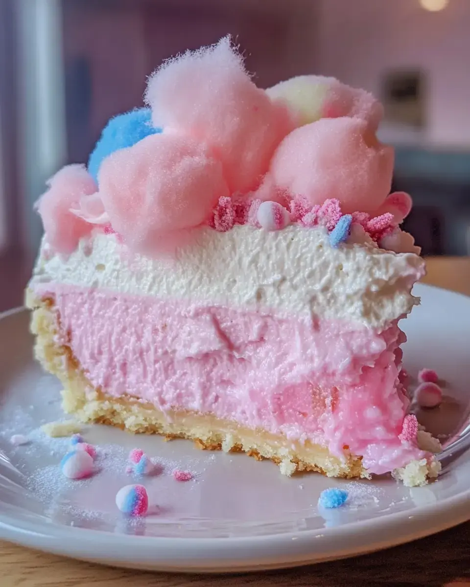 A slice of colorful, layered cake topped with cotton candy and sprinkles sits on a plate.