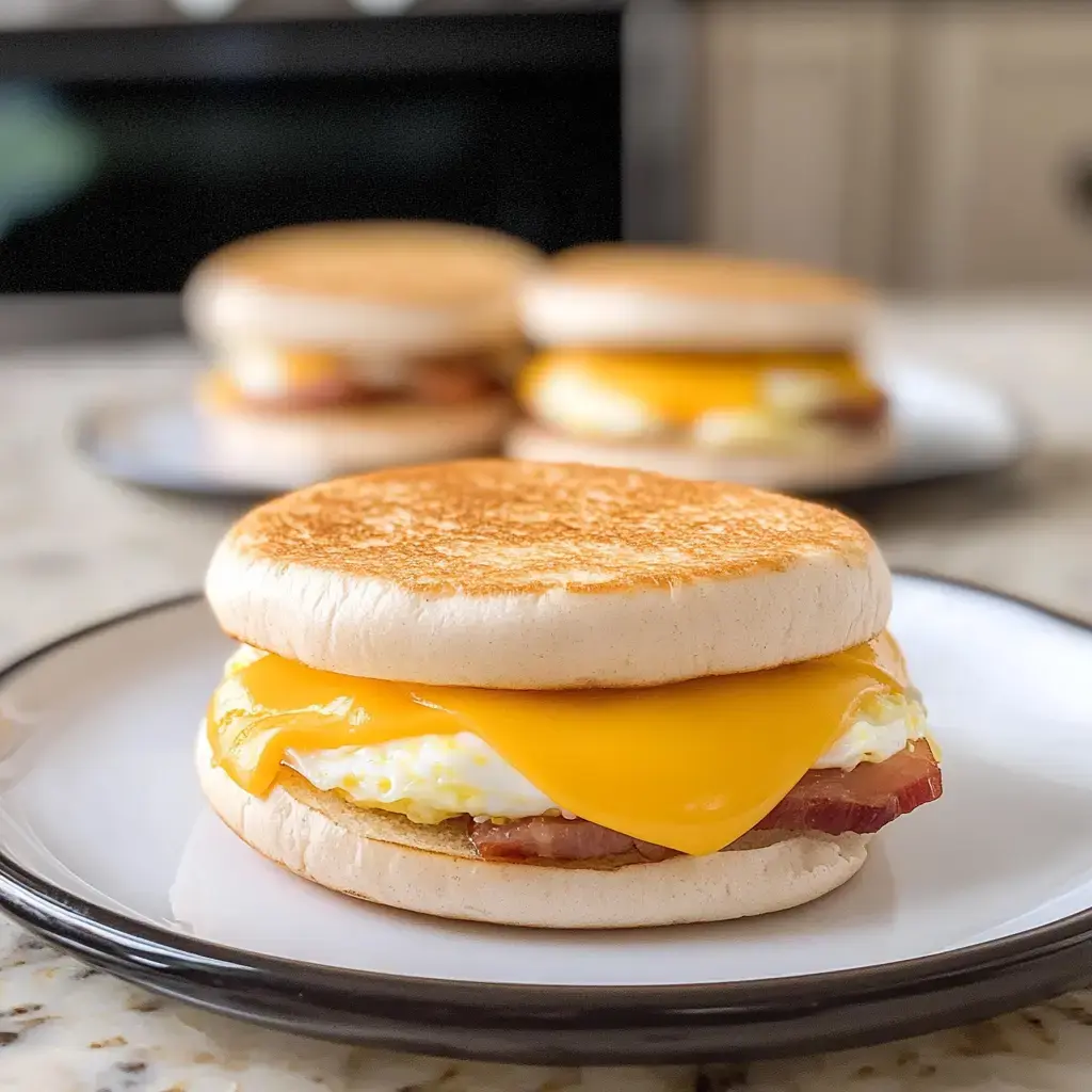 A toasted English muffin sandwich filled with a fried egg, bacon, and melted cheddar cheese is displayed on a plate, with more sandwiches in the background.