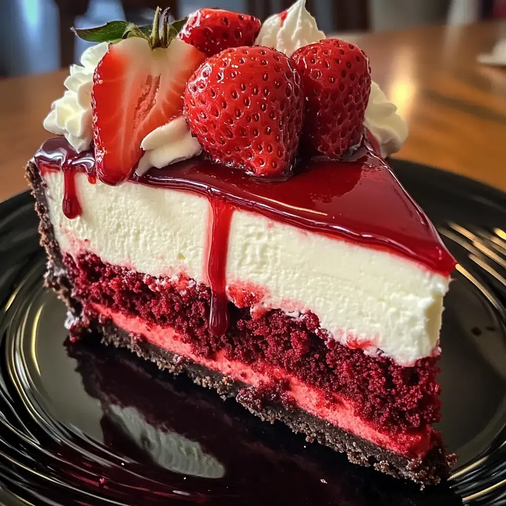 A slice of red velvet cheesecake topped with fresh strawberries, whipped cream, and a glossy red glaze on a black plate.