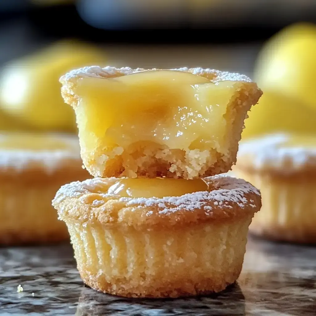 A close-up of a lemon curd-filled cupcake, with one half displayed above the whole cupcake, showcasing its gooey interior.