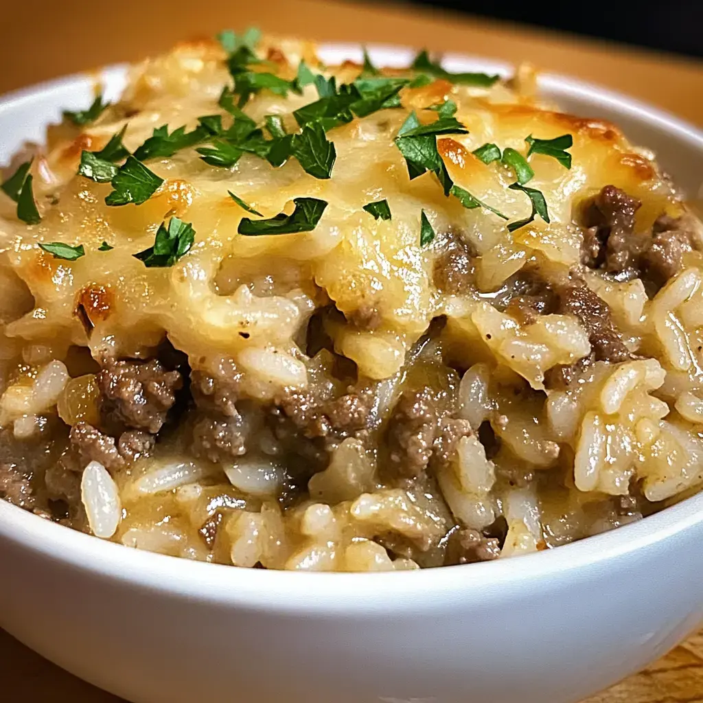 A creamy casserole dish with ground beef, rice, and melted cheese, garnished with fresh parsley.