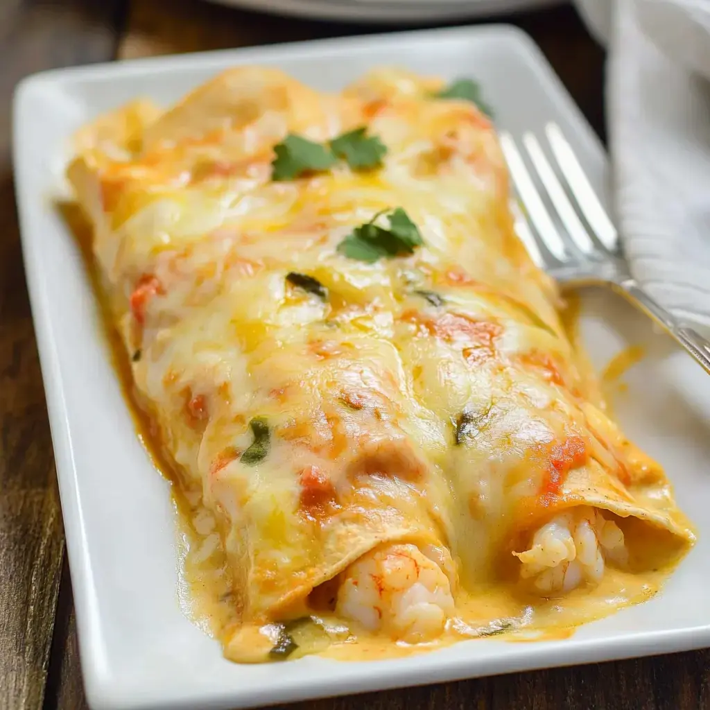 A plate of cheesy shrimp enchiladas topped with cilantro sits on a wooden table.