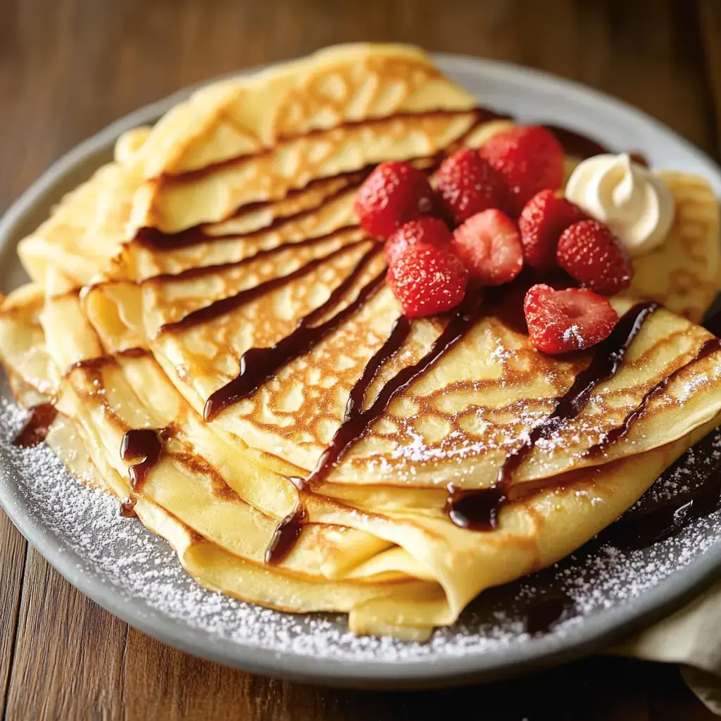 A stack of crepes drizzled with chocolate sauce and topped with fresh strawberries and a dollop of whipped cream, served on a plate.