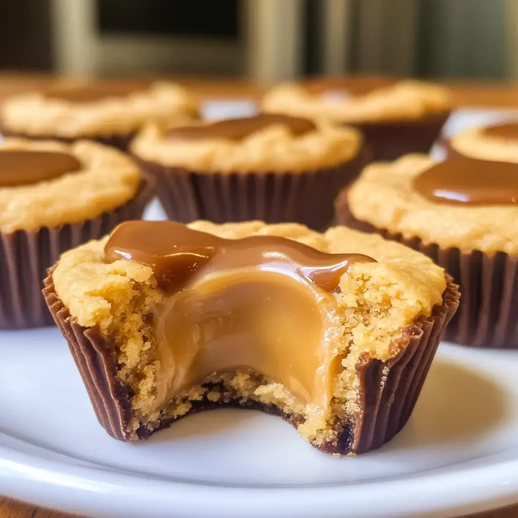 A close-up of a partially bitten cookie cup filled with caramel, surrounded by similar cookie cups on a white plate.