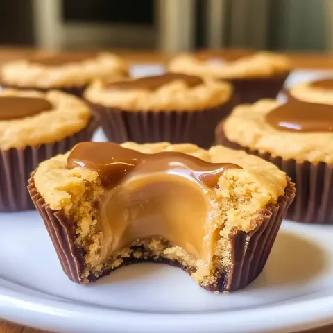 A close-up of a partially bitten cookie cup filled with caramel, surrounded by similar cookie cups on a white plate.