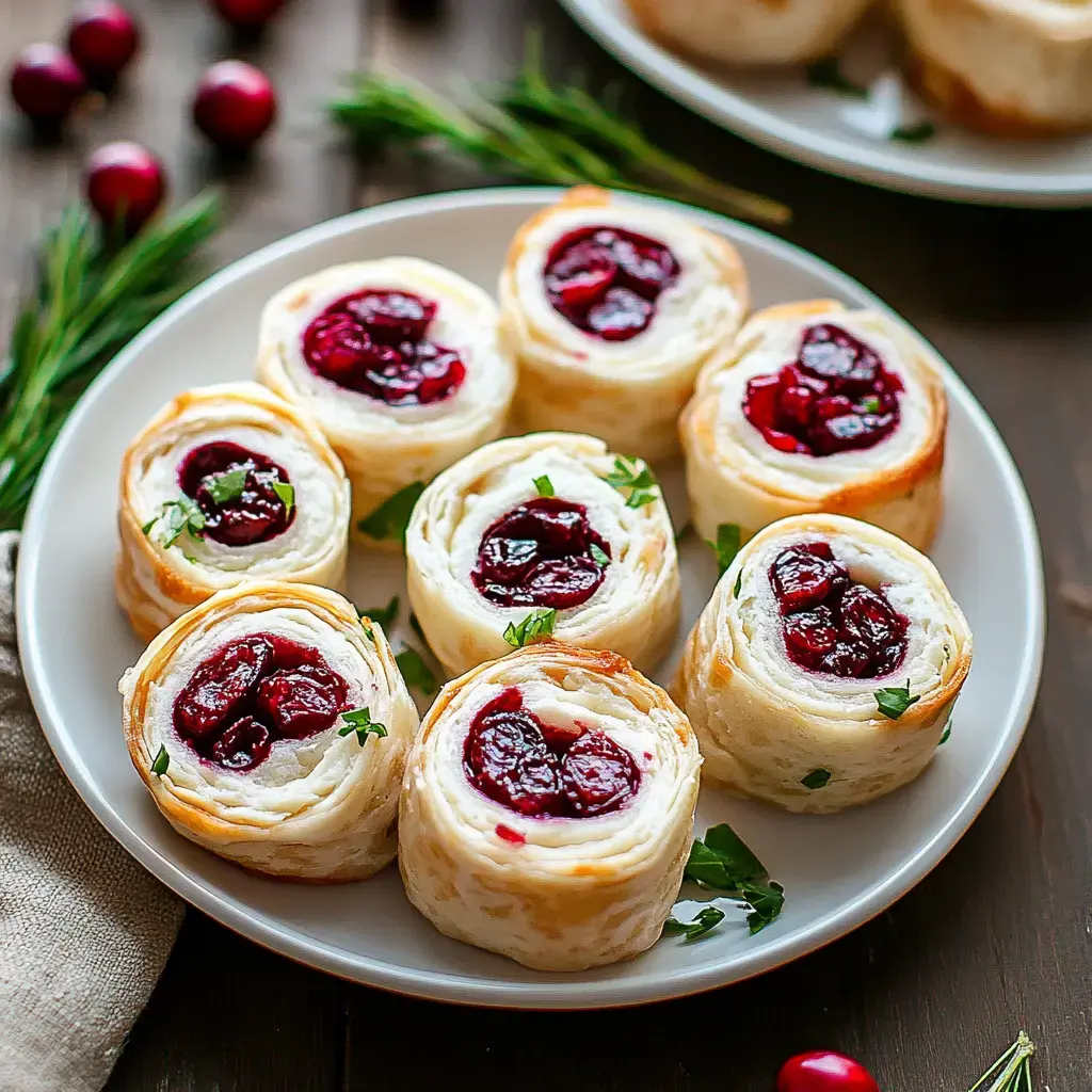 A plate of rolled pastries filled with cream and cranberry sauce, garnished with parsley and surrounded by cranberries and greenery.