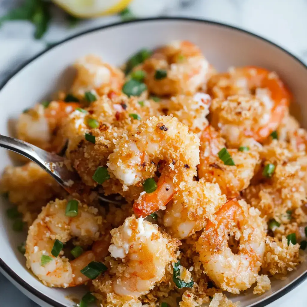 A close-up of a bowl filled with crispy shrimp garnished with green onions and served with a fork.