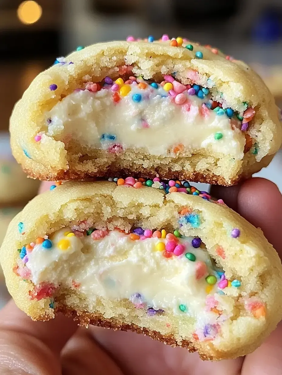 A hand holds a cookie that has been split in half, revealing a creamy filling and colorful sprinkles inside.