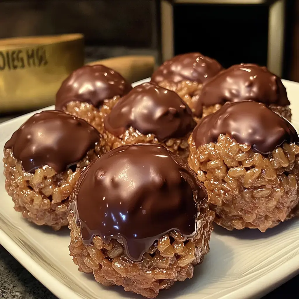 A plate of chocolate-topped rice crispy treats shaped like small balls.