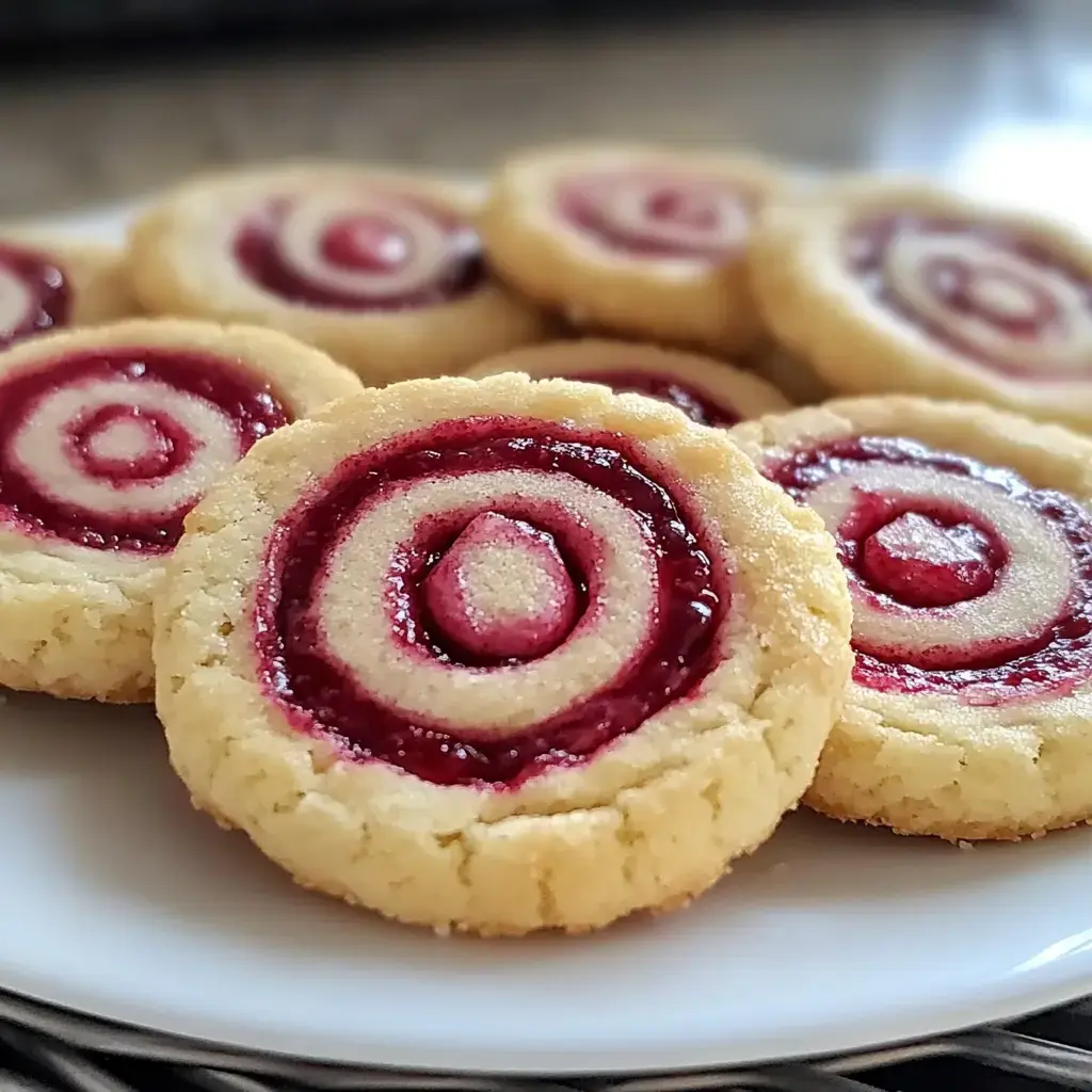 A close-up of round cookies with a spiral pattern of jam filling, arranged on a white plate.